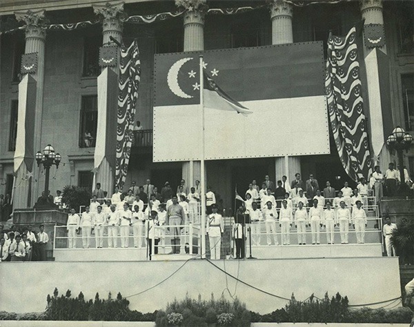 The newly-installed Yang Di-Pertuan Negara Yusof Ishak, the Cabinet and Assembly Members during the launch of National Loyalty Week and state anthem.