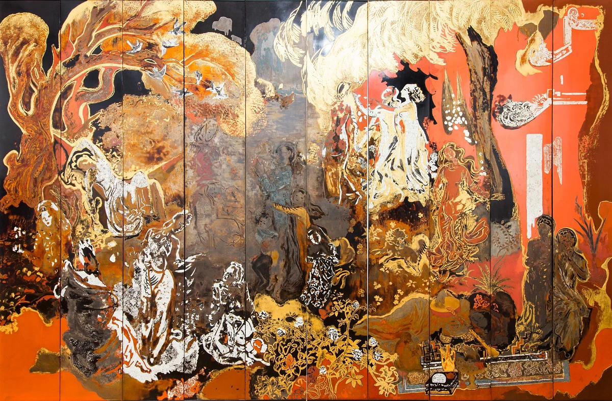 Nguyễn Gia Trí. Les Fées (The Fairies). c. 1936. Lacquer on board. 290 x 440 cm. Collection of Géraldine Galateau, Paris.