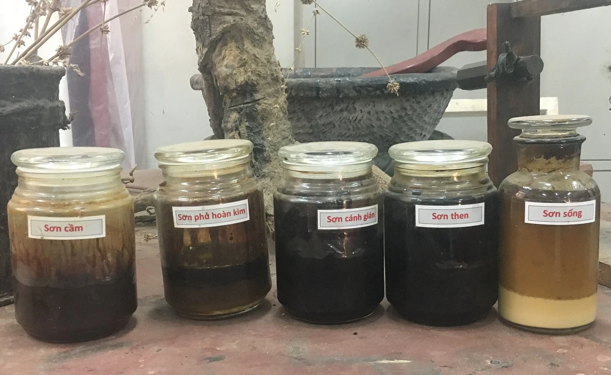 Jars containing lacquer on display at the Trường Trung cấp nghề Tổng hợp Hà Nội (Hanoi Vocational School). The jar on the far right contains the sơn sống (raw lacquer). Beside that is the sơn then (black lacquer) and the sơn cánh gián (“cockroach wing” lacquer).