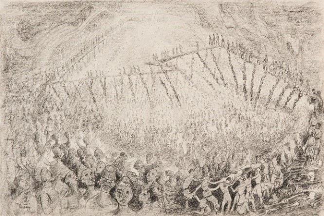 S. Mahdar. Perjuangan di Malaya (Battle in Malaya), 1957. Pencil on paper, 66 x 86 x 2.5 cm. Gift of the Loke Wan Tho Collection. Collection of National Gallery Singapore. Image courtesy of National Heritage Board, Singapore