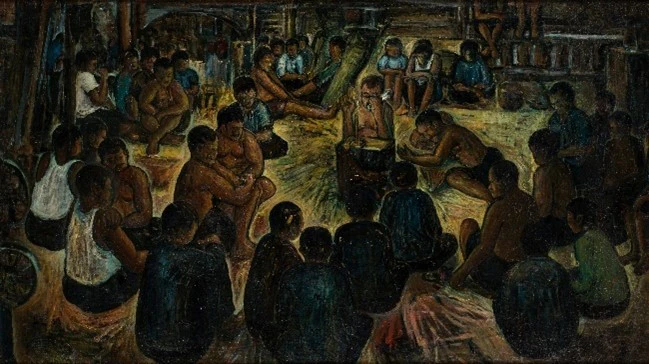 Wee Kong Chai. Storyteller, 1962. Oil on canvas, 71 x 124 cm. Collection of National Gallery Singapore. Image courtesy of National Heritage Board, Singapore.