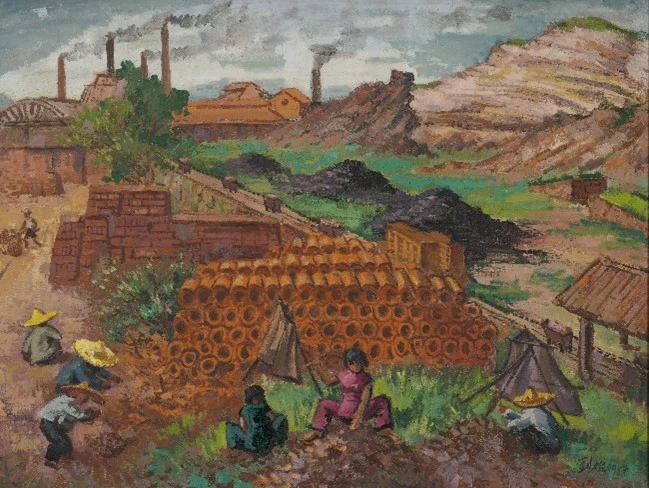 Liu Kang. Working At the Brick Factory, 1954. Oil on canvas, 97.8 x 128.6 cm. Gift of the artist’s family. Collection of National Gallery Singapore. Image courtesy of National Heritage Board, Singapore.